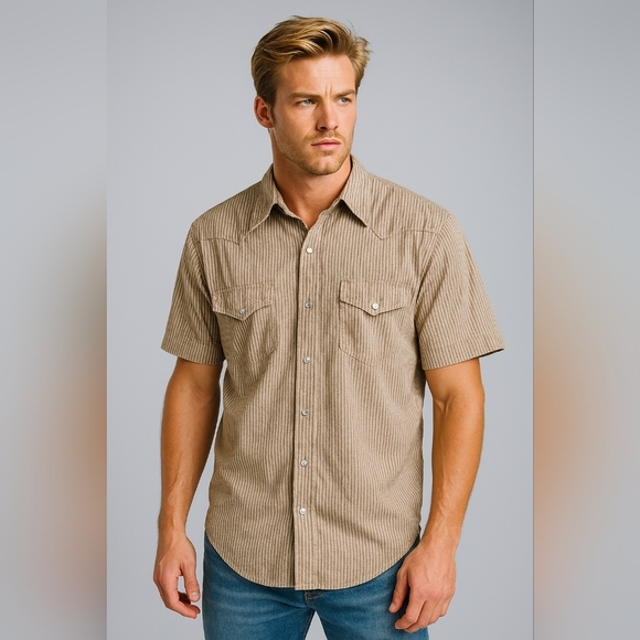 VTG Structure Mens M Brown Western Snap Shirt Diamond Stripe Short Sleeve - Picture 1 of 7